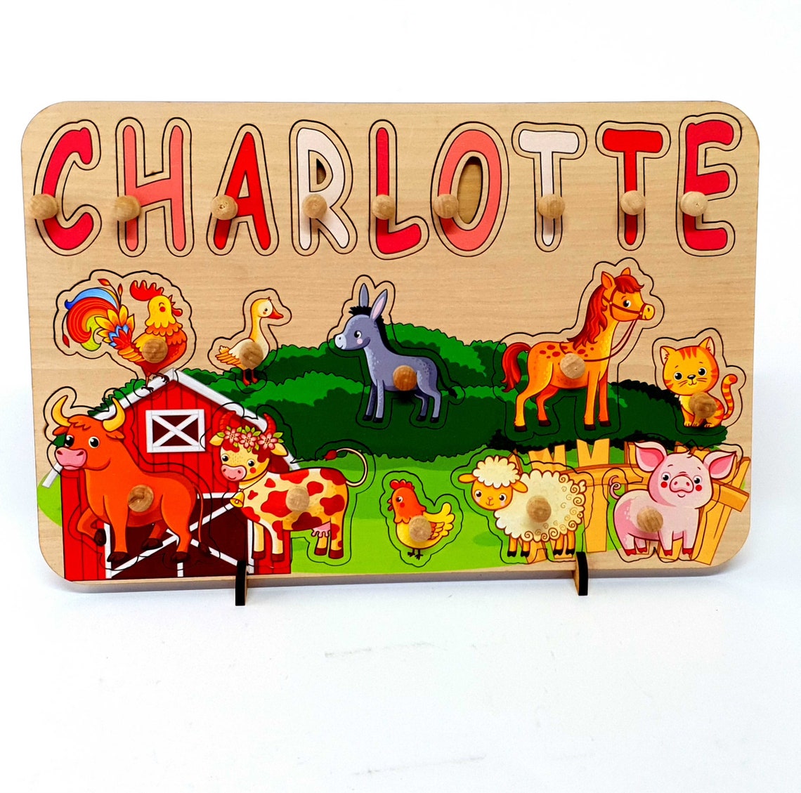 Wooden Name Puzzle With Animals Busy Board Learning Farm Etsy
