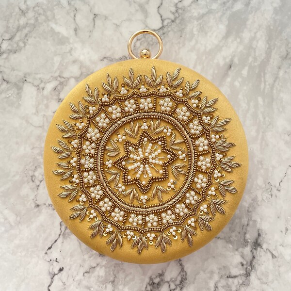 Indian Yellow Round Clutch Bag with Sling, Wedding special