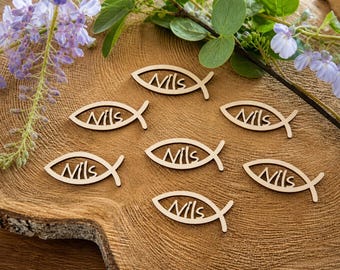 Personalized table decorations for baptism, confirmation, nameplate, 6.5 cm, name, baptism decoration, fish, communion lettering, scatter decoration, confirmation, wood