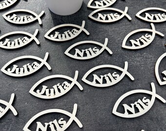 Fische mit Name Tischdeko, personalisierte Streudeko für Taufe, Kommunion, Konfirmation  Firmung Dekoration Fisch aus Holz CF2 Laser Design