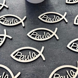 Personalized table decoration communion baptism fish with lettering name scatter decoration set, confirmation wooden 10x fish decoration set laser