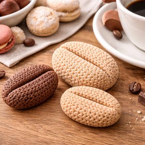 Peut inclure: Nature morte avec café, chocolat et pâtisseries. Trois biscuits en forme de grains de café au premier plan. Une tasse de café, des morceaux de chocolat, des macarons et d'autres biscuits sont également présents sur une surface en bois.