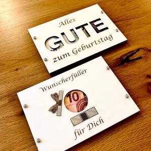 Geburtstagskarte Holz Geldfach, Geldgeschenk Karte Glückwunschkarte | Wunscherfüller, Alles Gute | Graviertes Holz Geschenk Geldschein