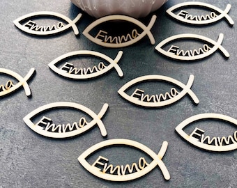 Personalized Scatter Decoration Fish with Name Lettering Table Decoration Set, Baptism Communion Confirmation Wood CF2 Laser 10 Fish Decoration