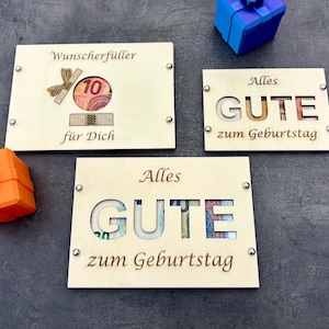 Geldgeschenk Karte Holz zum Geburtstag | Gravierte Glückwunschkarte mit Geldhalter | Alles Gute oder Wunscherfüller Design Geldschein Laser