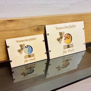 Holz Geldgeschenk Karte Geburtstag | Graviert Karte mit Geldfach A5 A6 | Alles Gute Wunscherfüller Design | Geschenkidee Holz Geschenk Laser