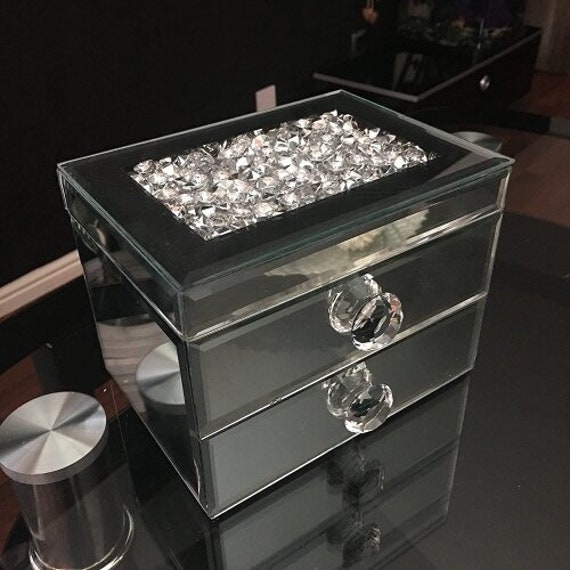 2 Drawer Mirrored Crushed Diamond Jewellery Box Silver Sparkle Etsy