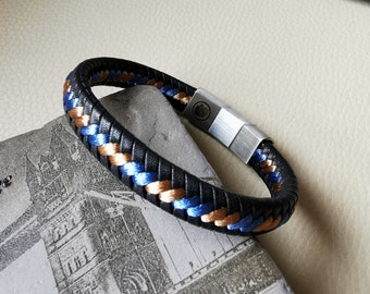 Mens Leather Classic Handmade Braided Black & Blue Orange Cuff Bracelet with Engraved Magnetic Clasp Free Jewelry Gift Boxed
