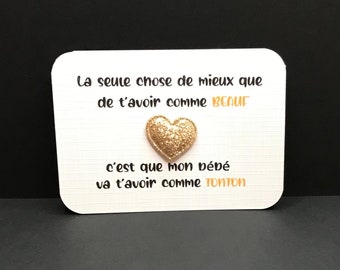 Annonce de grossesse tonton, pins couleur, coeur pailleté, destinataire personnalisable, idée grossesse cartes