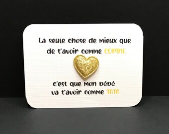 Annonce de grossesse tata, pins couleur, coeur pailleté, destinataire personnalisable, idée grossesse cartes