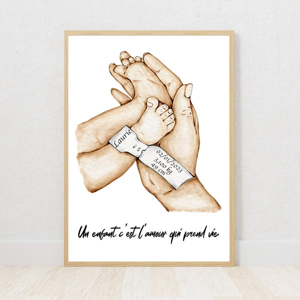 Affiche de naissance personnalisable A4 avec message sur le thème de la naissance, bracelet de naissance, cadeau de naissance original utile