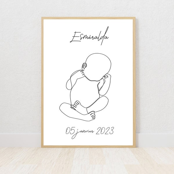 Affiche line art personnalisée représentant un bébé ou une fratrie, format A4 vendue sans cadre, idee cadeau de naissance, affiche naissance