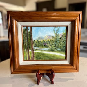 Pintura al óleo sobre lienzo con marco y firma de paisaje boscoso original vintage
