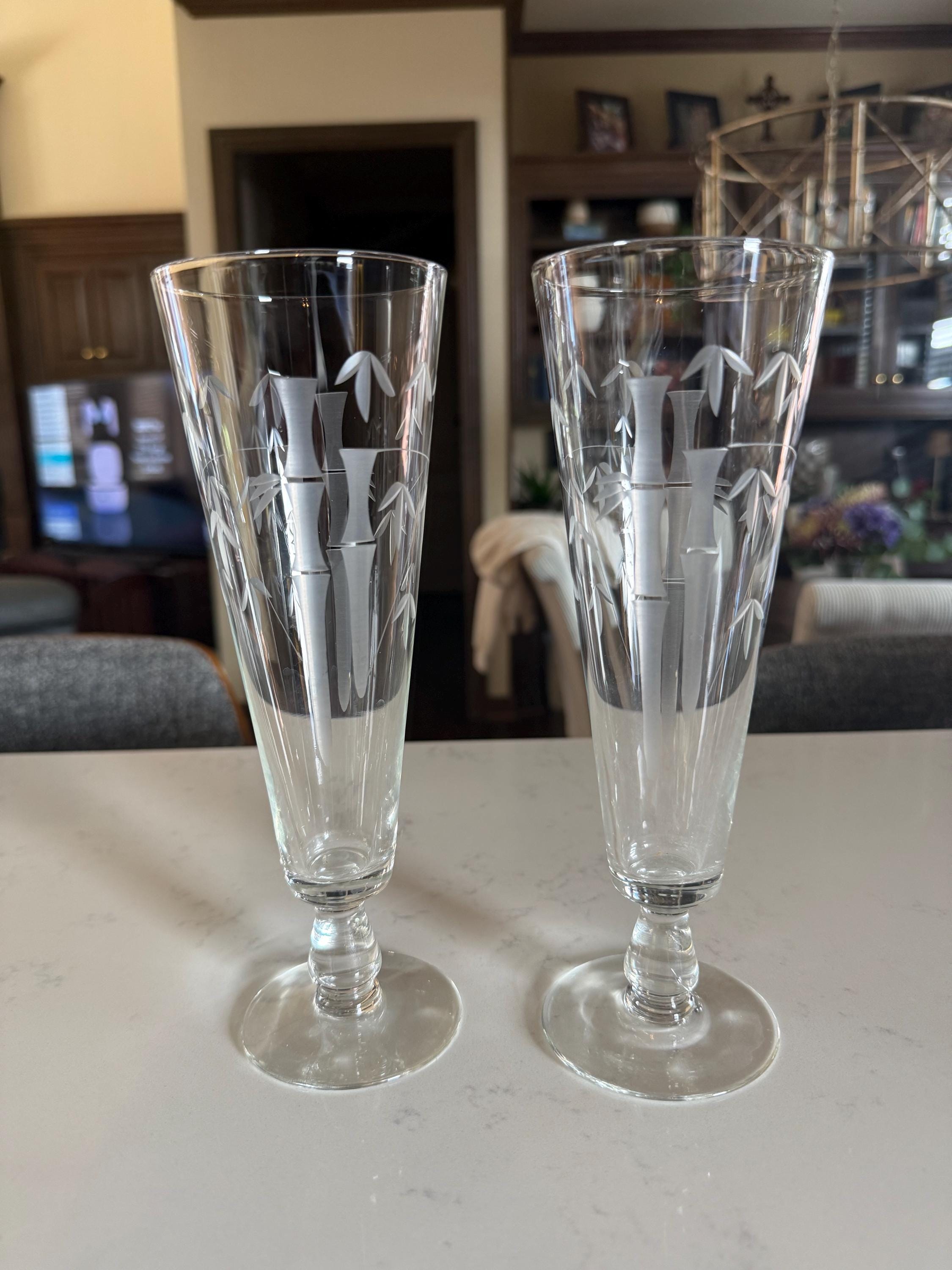 Set of 2 Vintage Sasaki Etched Bamboo 14oz Pilsner Glasses 1960s