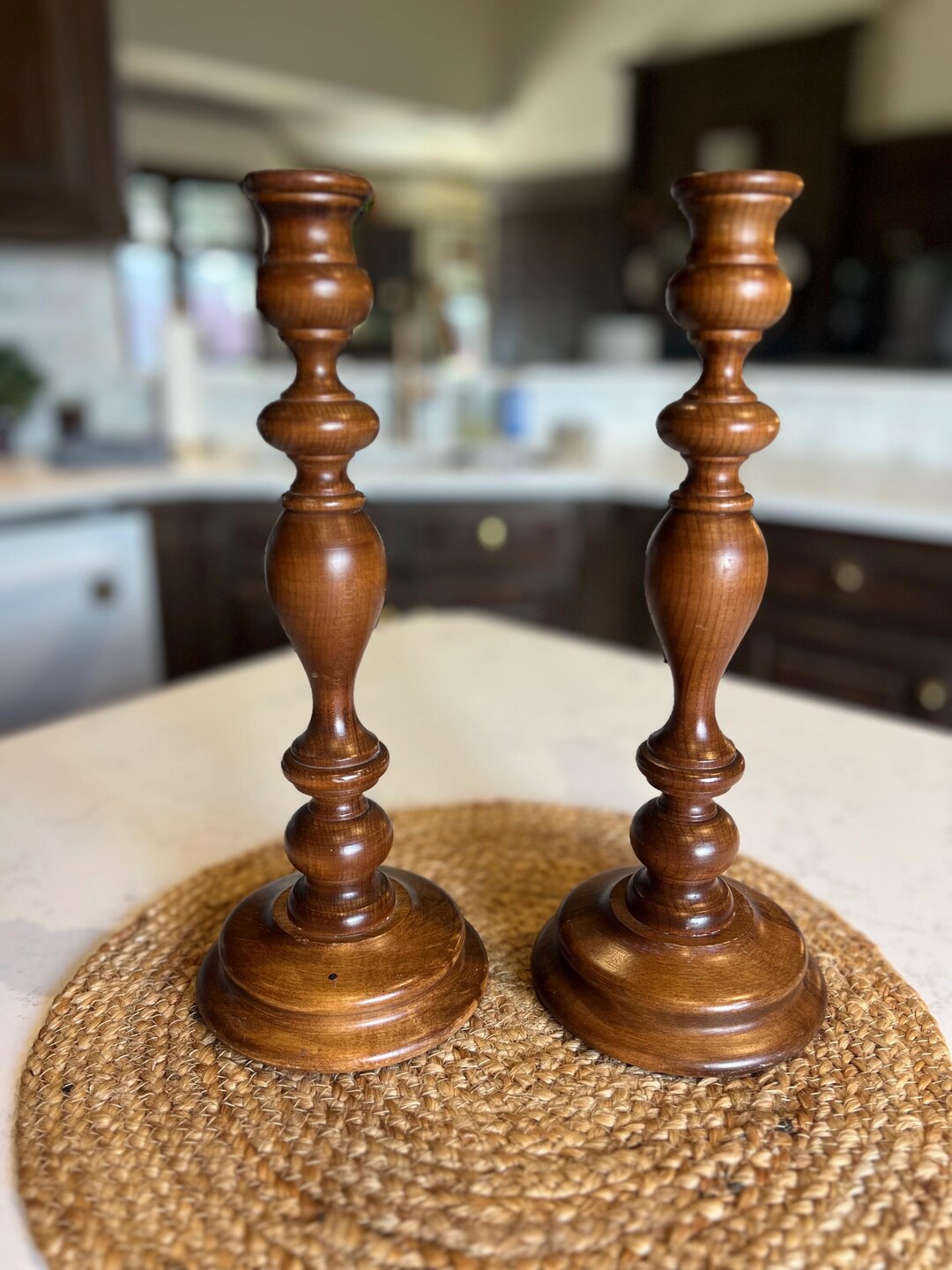 Vintage Turned Wood Candlestick Holders – Pair of Solid Wood Taper ...