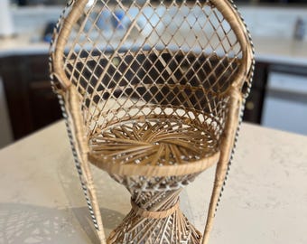 Vintage Wicker Peacock Fan Back Rattan Chair Doll Furniture