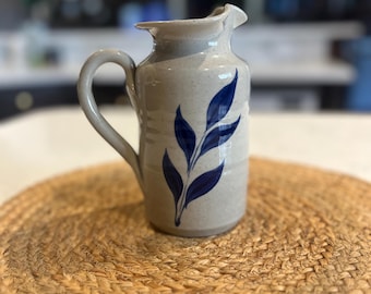 Williamsburg Pottery Pitcher Salt Glazed Blue Leaf Design 6"