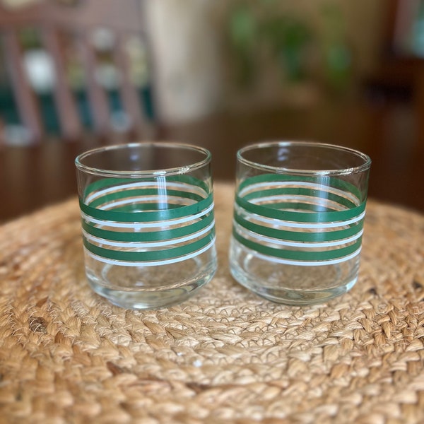 2 Libbey Retro Green And White Small Striped Juice Glasses