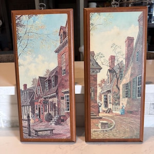 Vintage 1960's Drummond Williamsburg Colonial Litho on Wood Pair