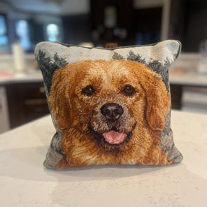 Vintage Needlepoint Pillow Golden Retriever Dog Green Back Velvet Handmade 12x12”