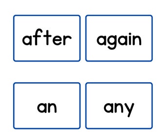 May include: Six blue bordered white squares with black text. The words are "after", "again", "an", "any", "as", and "ask".