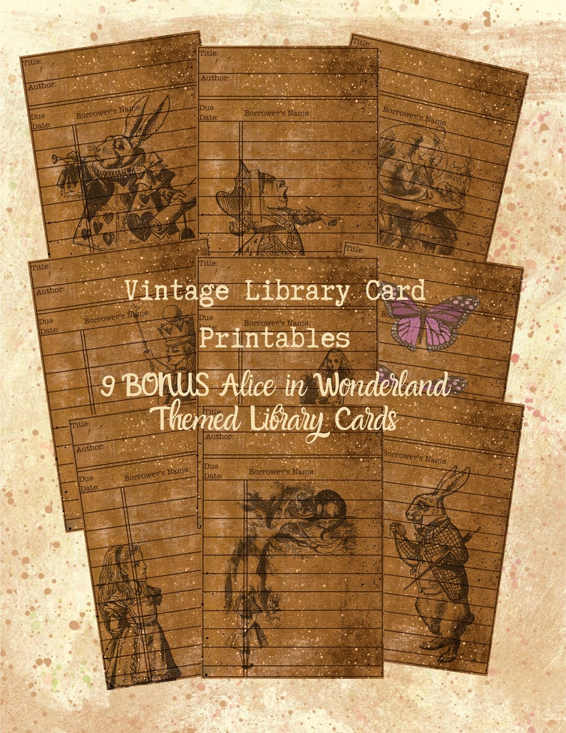 Printable Vintage Library Cards 10 Colors Bonus 9 Alice Library Cards