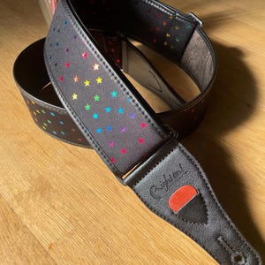 Vegan Guitar Strap with Shimmering Rainbow Stars & Sliding Buckle Adjustment