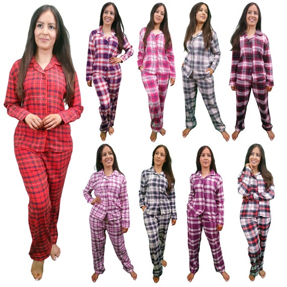 Pyjama pour femme, flanelle/à carreaux/en coton brossé à carreaux. Ensemble  tartan, chaud, taille et poches élastiquées. Cadeaux de Noël pour femmes -   France