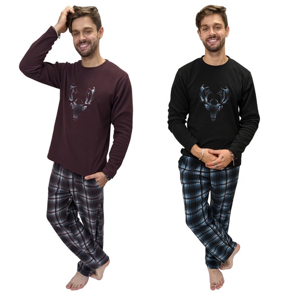 Mens Warm Fleece Loungewear Autumn Winter Pyjama Striped PJ Set Hirsch S-6XL Man
