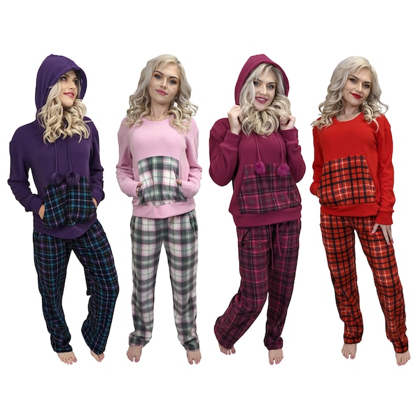 Womens Soft Warm Fleece Pyjama Sets Aeryn and Briony Nightwear Sizes 8-26 Hooded with Pompoms Ladies 2 piece set