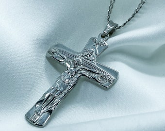 Jesus Cross, sterling silver Son of God pendant, Christ crucifix, Holy cross 925, Large silver cross for men, necklace