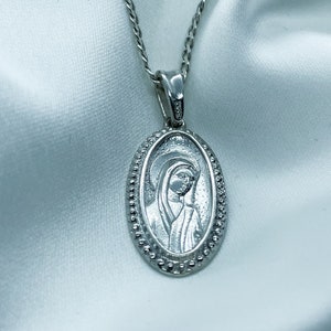 Virgin Mary Pendant, Mother of God Medal, Jesus Mary Medallion, Sterling Silver Necklace
