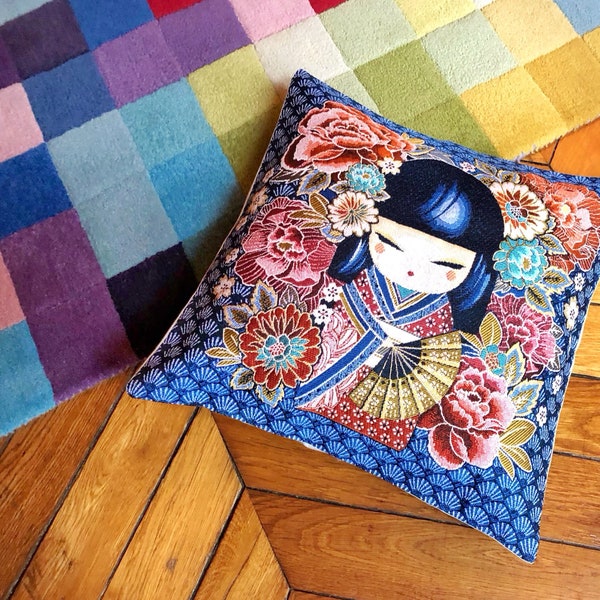 Housse de coussin kokeshi - indigo