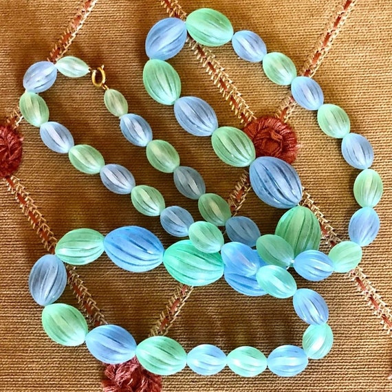 Vintage Gold Tone & Bright Blue and Green Lucite … - image 1