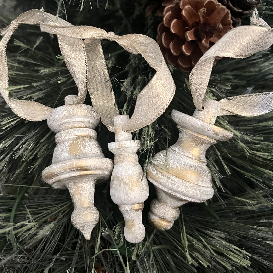 Set of 6 White and Gold Wooden Finial Ornaments Gold Etsy