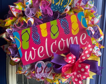 Summer welcome wreath, summer flip flop wreath. Summer wreath, summer fun wreath, Sunshine Wreath, Summer sun wreath, Summer Beach Wreath