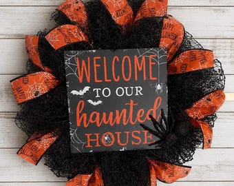 Halloween Wreath,Black Mesh Haunted House Door Decor,  Orange Spiderweb Ribbon, Spooky Front Door Decoration, Welcome to Our Haunt