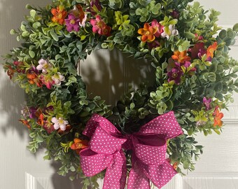 Spring Boxwood wreath / Artificial boxwood wreath / Boxwood wreath with Bow / colorful boxwood wreath