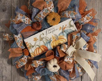 Hello Pumpkin Wreath, Fall Door Decor, Autumn Mesh Wreath, Rustic Farmhouse Welcome Sign, Orange Blue Cream Ribbon, Pumpkin Front Door Decor