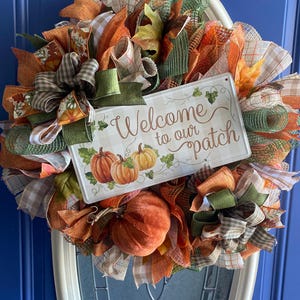 Fall Welcome Wreath: Orange Deco Mesh, Pumpkin & Gingham Ribbons