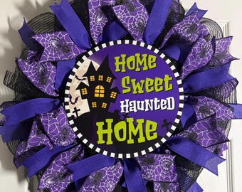 Halloween Wreath: Witch, Bats,  Moon, Haunted House  Decor, slim profile, spooky wreath,  Halloween welcome wreath.