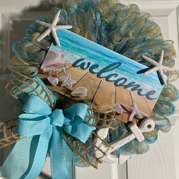 Summer beach wreath, summer welcome wreath, beach wreath, summer wreath, vacation wreath, starfish wreath, nautical wreath, Beach decor,