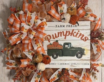 Farm Fresh Pumpkins Fall Wreath, Vintage Truck Autumn Door Decor, Pumpkin Patch Wreath, Rustic Farmhouse Fall Decoration, Thanksgiving