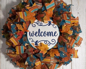 Fall Welcome Wreath, Teal Orange Pumpkin Door Decor, Autumn Mesh Ribbon Wreath, autumn Front Door Decoration, Farmhouse Fall Porch Decor