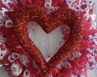 Valentine's Day Glitter Heart Wreath, Red Sequined Centerpiece