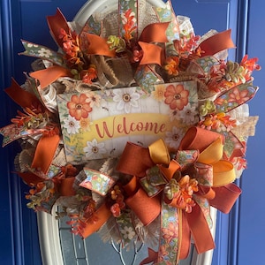 Fall Welcome Wreath: Burlap, Orange Ribbons, Autumn Foliage