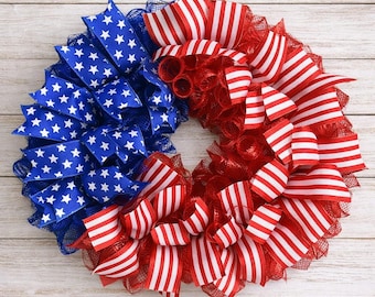 Red White Blue Plaid Deco Mesh Patriotic Wreath, flag wreath, Americana