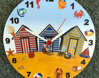 Seaside Clock -Beach Hut Clock- Beach Theme Clock- Seaside Bathroom Clock - Beach Huts Clocks OC19-C