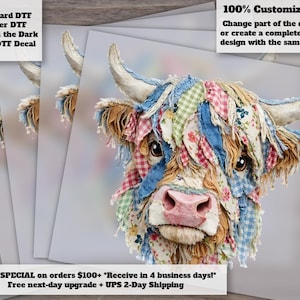 Patchwork Highland Cow DTF Heat Transfer Rustic Farmhouse Quilt Design