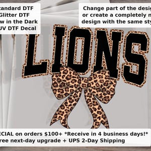 Lions Mascot DTF Transfer, Leopard Varsity Coquette Bow Design, School Spirit Game Day Lions Shirt Iron On Transfer